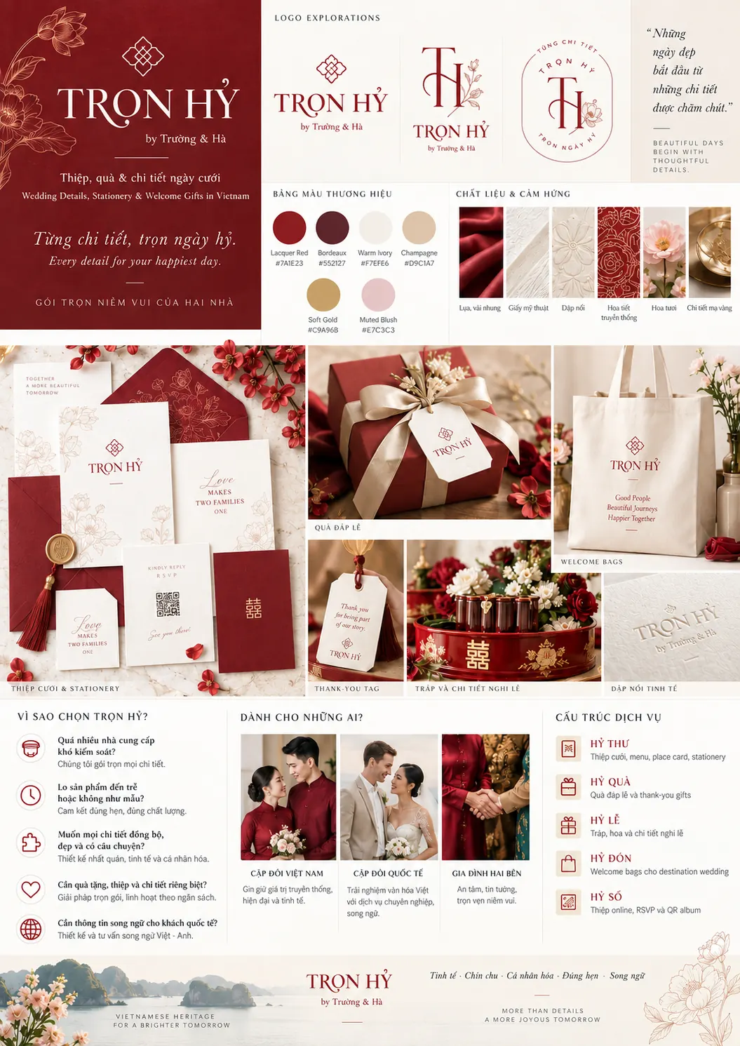 Bảng định hướng thương hiệu Trọn Hỷ với đỏ Bordeaux, ngà ấm và ánh vàng