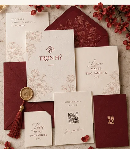 Định hướng thiệp cưới Trọn Hỷ màu đỏ Bordeaux và ngà ấm